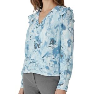 WHITE HOUSE BLACK MARKET Light Blue Floral V-Neck Long Sleeve Blouse SIZE 10